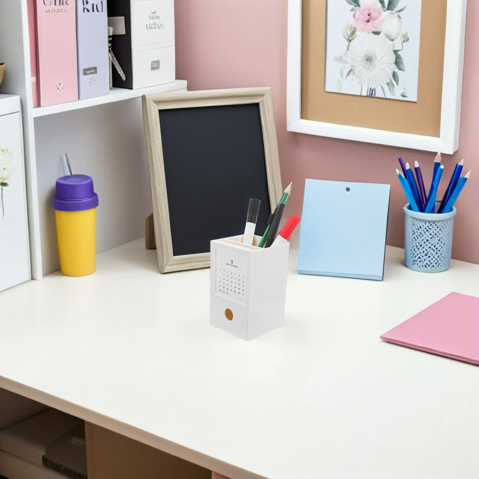 

1Set Multifunctional Pen Holder Calendar Desktop Plastic Pencil Cup Versatile Office School Stationery Organizer Storage