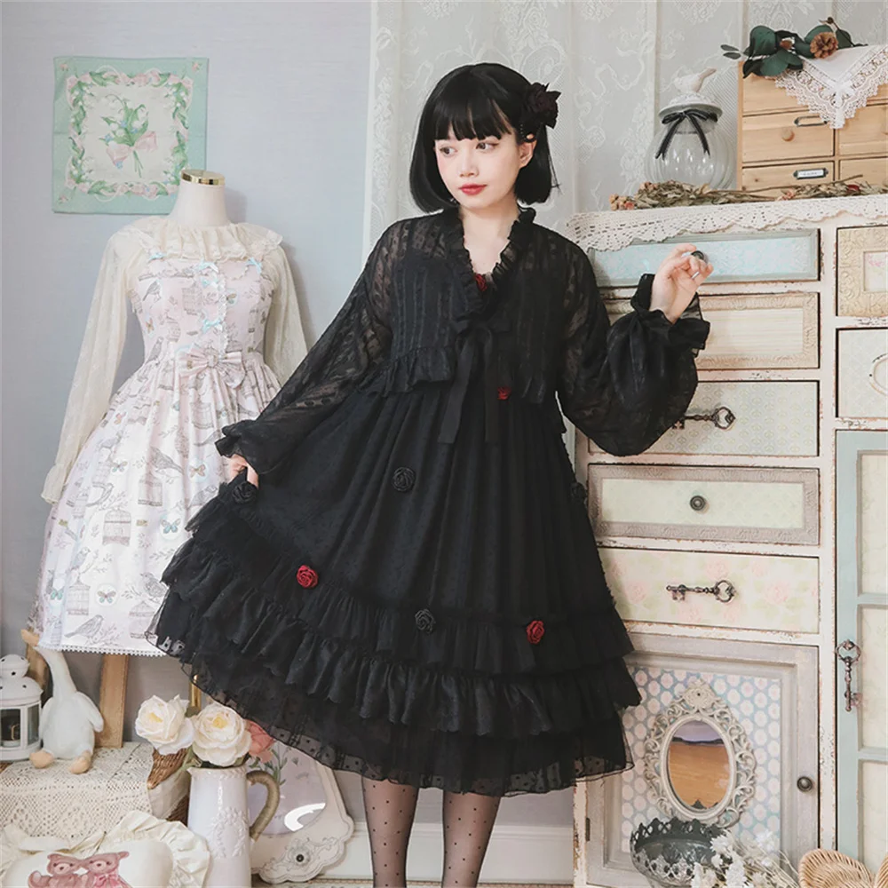 Red Rose Elegant Girls Large Size 3xl 4xl Lace Cute Lolita Dress Summer Sweet Pattern Embroidery Ruffle Cosplay Lolita Jsk