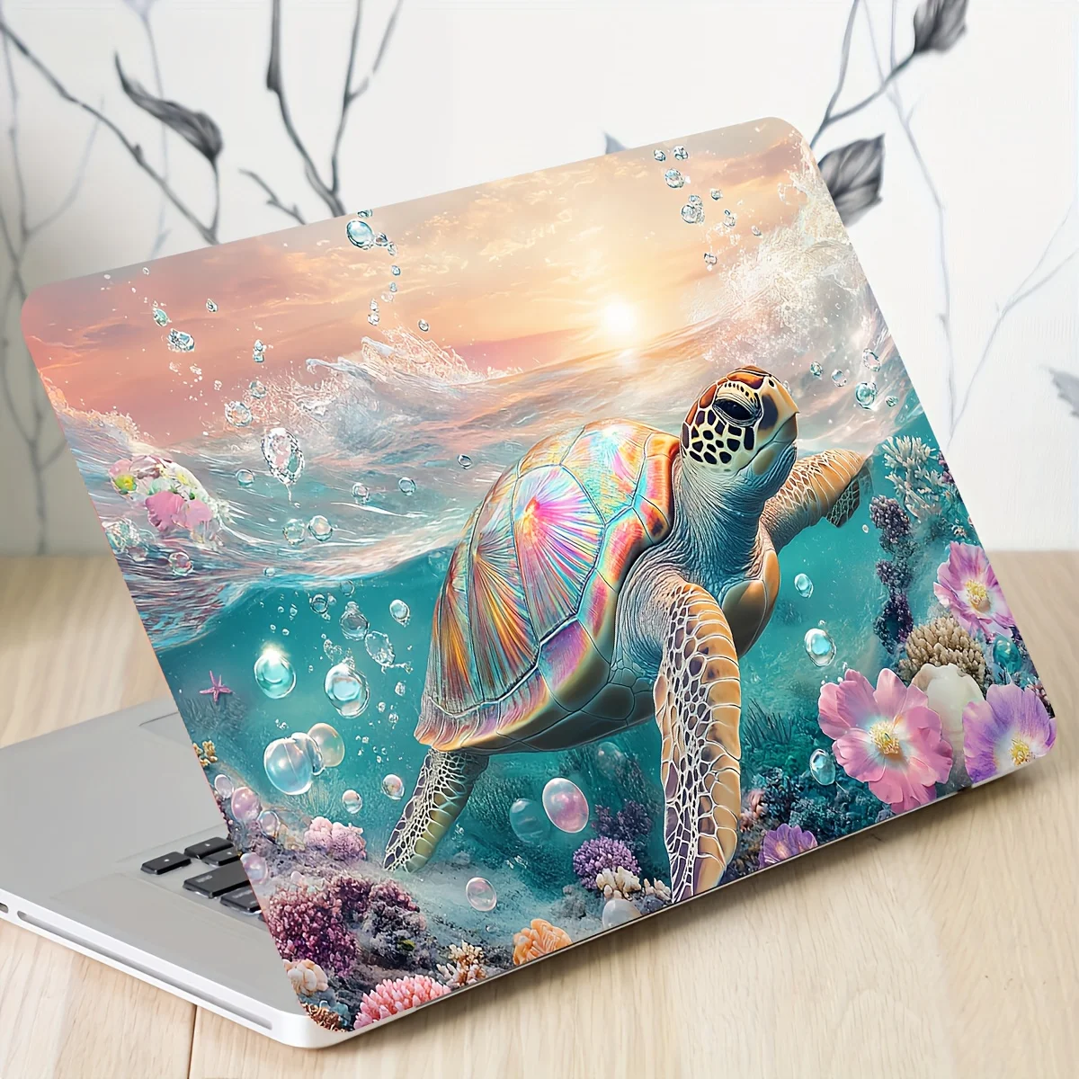 2 étuis de protection autocollants artistiques pour ordinateur portable style tortue, autocollants universels beige clair pour netbook, non réutilisables