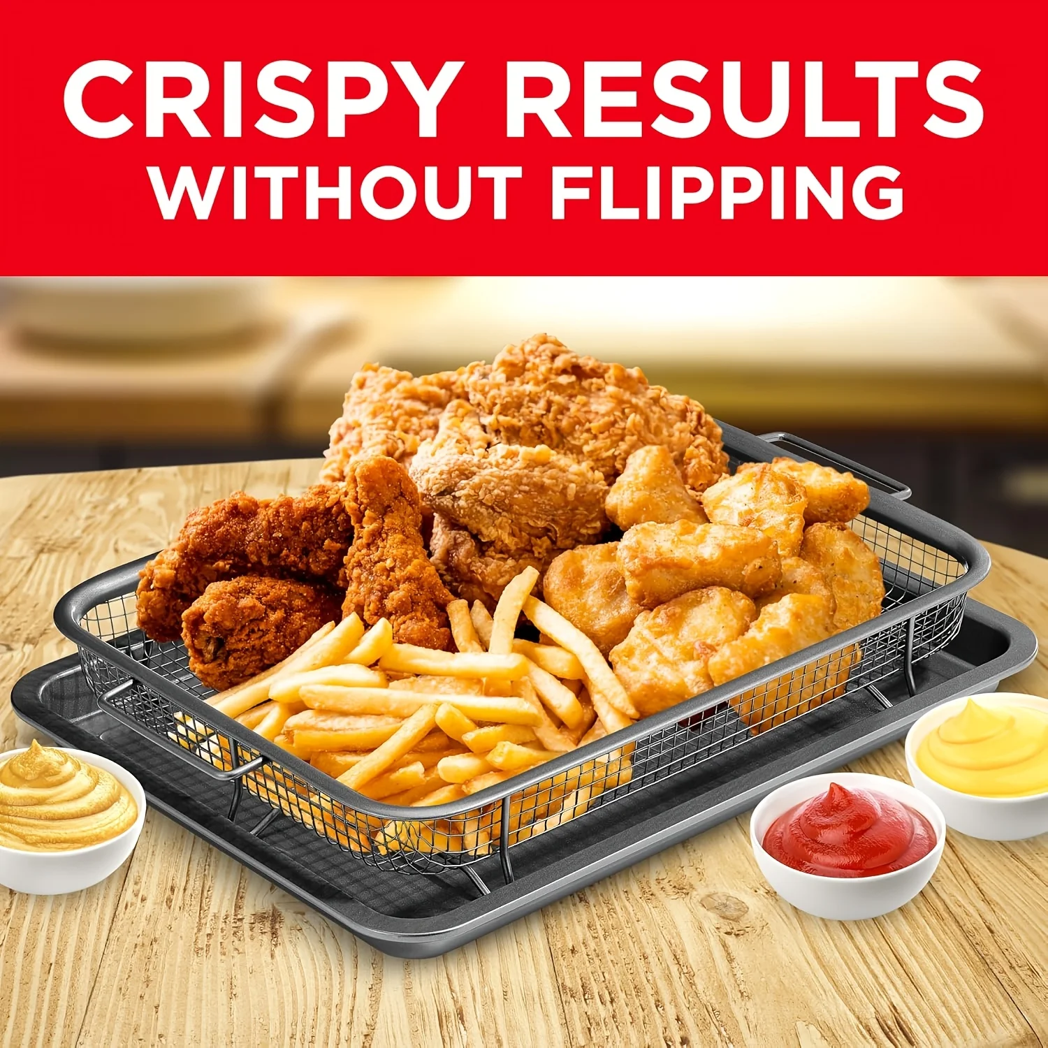 Large Stainless Steel Air Fryer Basket & Baking Pan Set, Non-Stick Crisper Tray Elevated Mesh Oven Rack, Multi-Purpose Bakeware