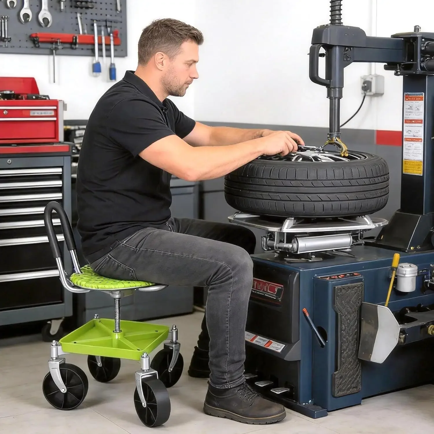 Outdoor Garden Stool with 360° Swivel Caster Wheels, Rolling Garden Cart with 360° Swivel Seat, Height Adjustment, Back Tool
