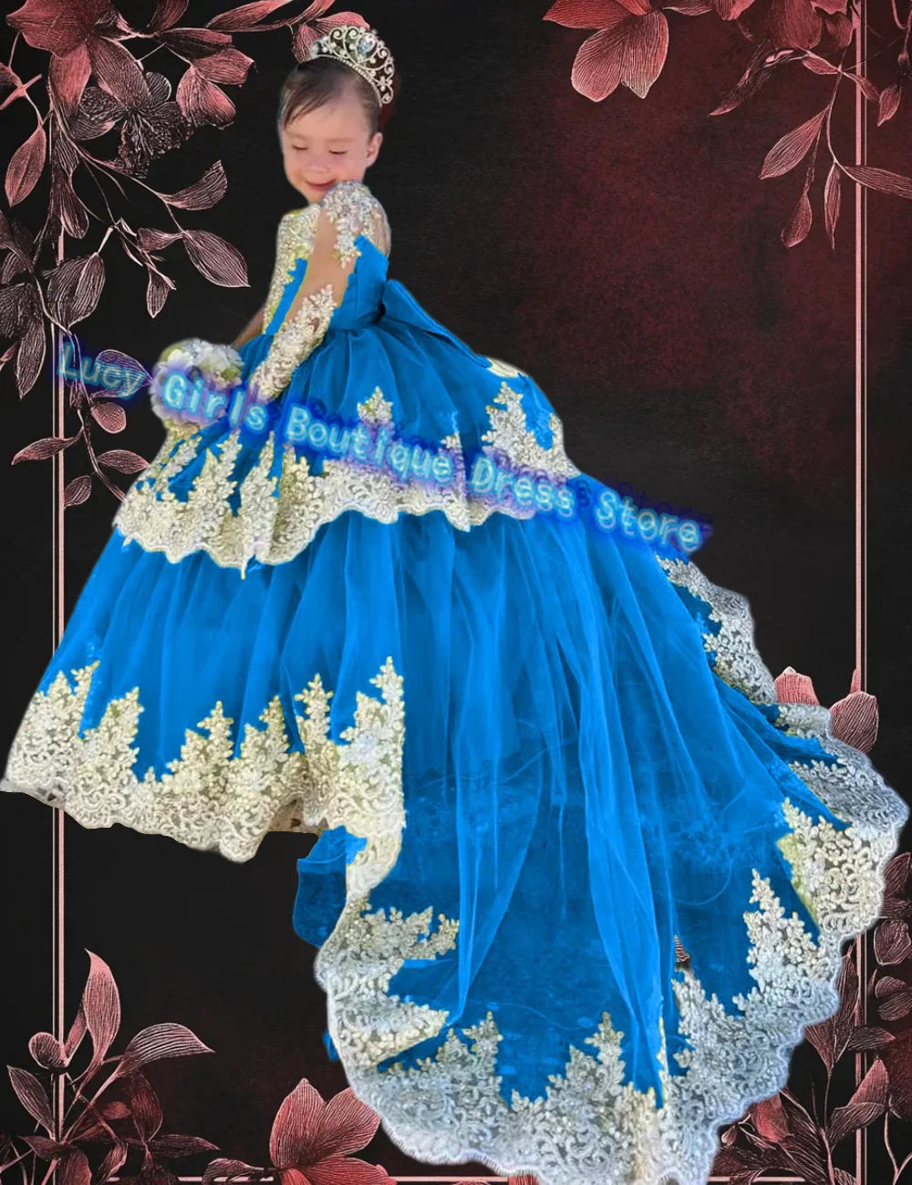 

Luxury Blue Flower Girl Dress Fluffy Tulle With White Lace Applique For Wedding Ball Gown Party Girls Princess Birthday Gowns