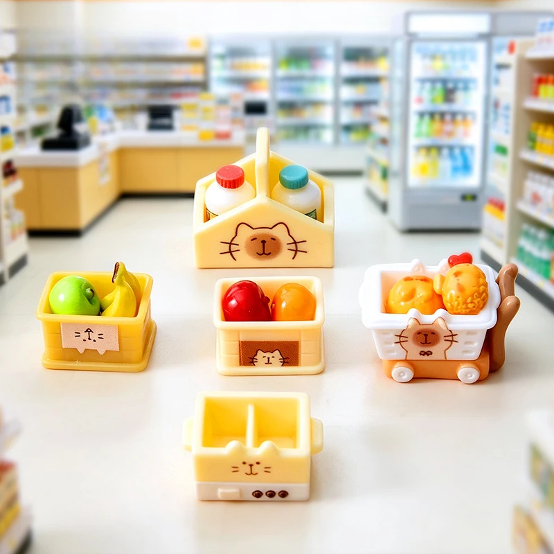 100pcs Cute Cat Grocery Store Shopping Car Basket Miniature Craft DIY Accessories for Keychain Jewelry Wholesale Dollhouse Decor