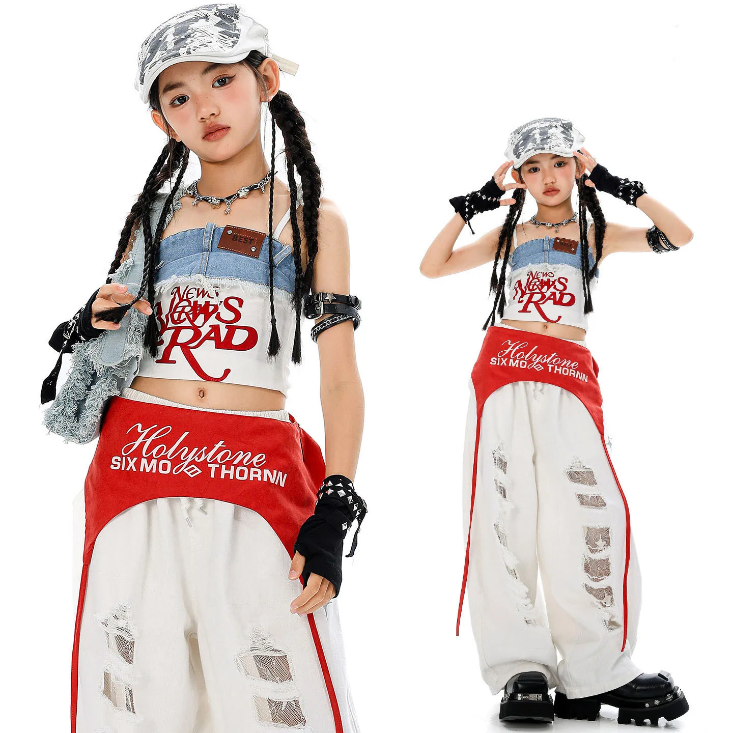 

Kid Kpop Hip Hop Clothing White Denim Lace up Crop Tank Top Casual Distressed Ripped Pants for Girl Jazz Dance Costumes Clothes