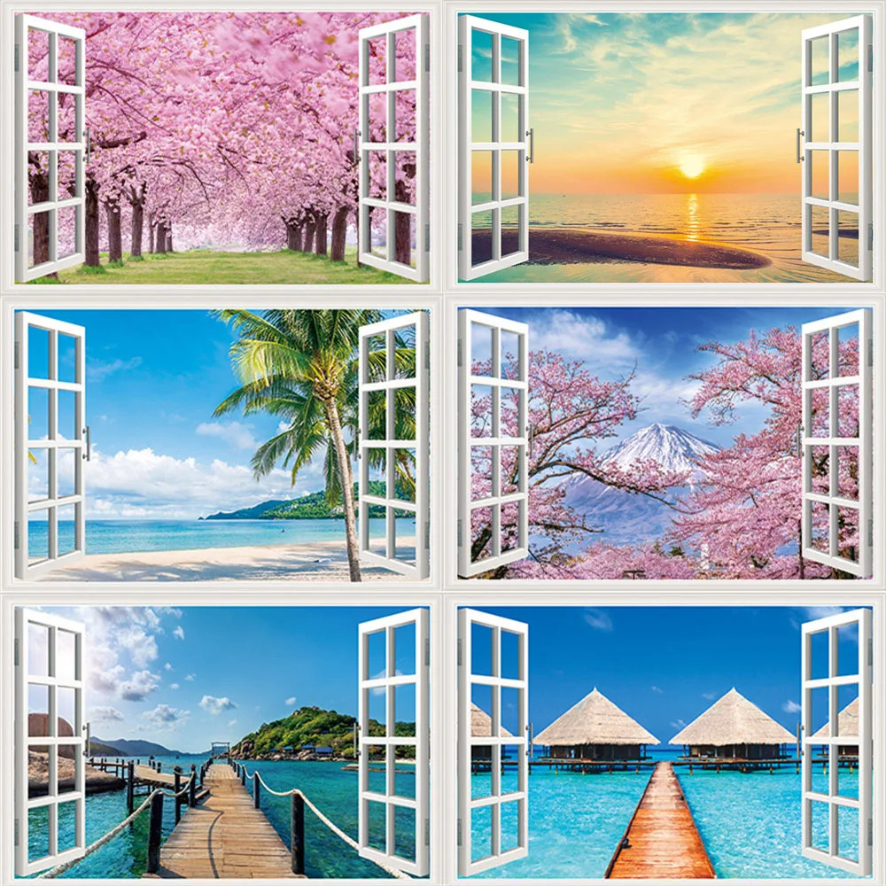 3D Natural Scenery Fake Window Stickers Sakura Tree Beach Building Wall Art Mural Decals Home Office Decoration Vinyl Wallpaper