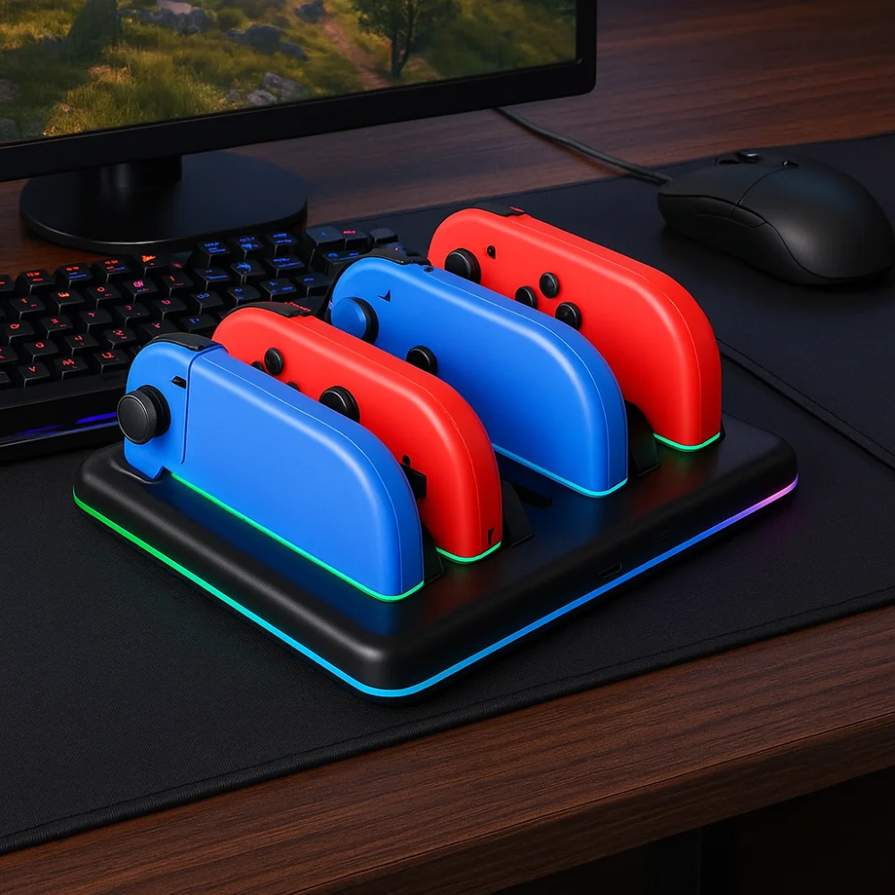 فتحات بطاقات محطة شحن Joy-Con 4 في 1 مع مؤشرات LED شاحن وحدة التحكم في الألعاب شحن سريع لجهاز Nintendo Switch 2