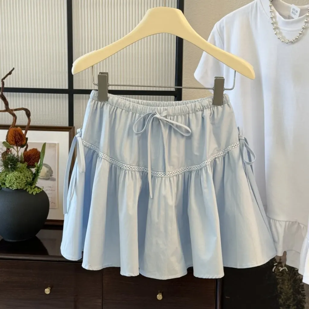 

Women's Sweet Bow Lace-up Hollow A-line Short Skirt High Waist Ruffled Pleated Loose Large Swing Summer Skirt