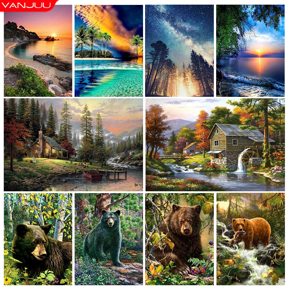 Landscape DIY 5D Diamond Painting Animal Bear Full Round Resin Mosaic Cross Diamond Embroidery Rhinestone Home Decor Gifts