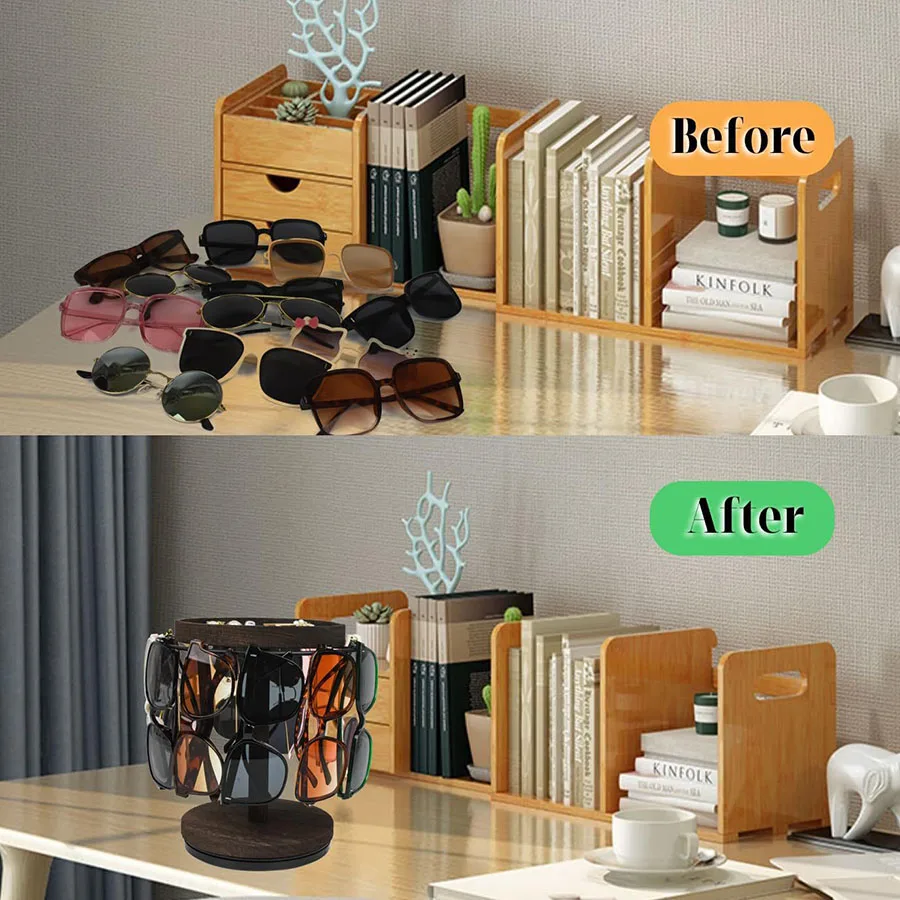 Sunglass Organizer 360 Degree Rotating Sunglasses Stand With Tray And Base Wooden Eyeglass Display Rack For Bedroom Desk Bedside