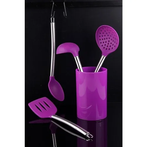 Evvehediyelikeşya Silikon 4'lü Purple Spatula Scoop Colander Spoon Service Kitchen Set