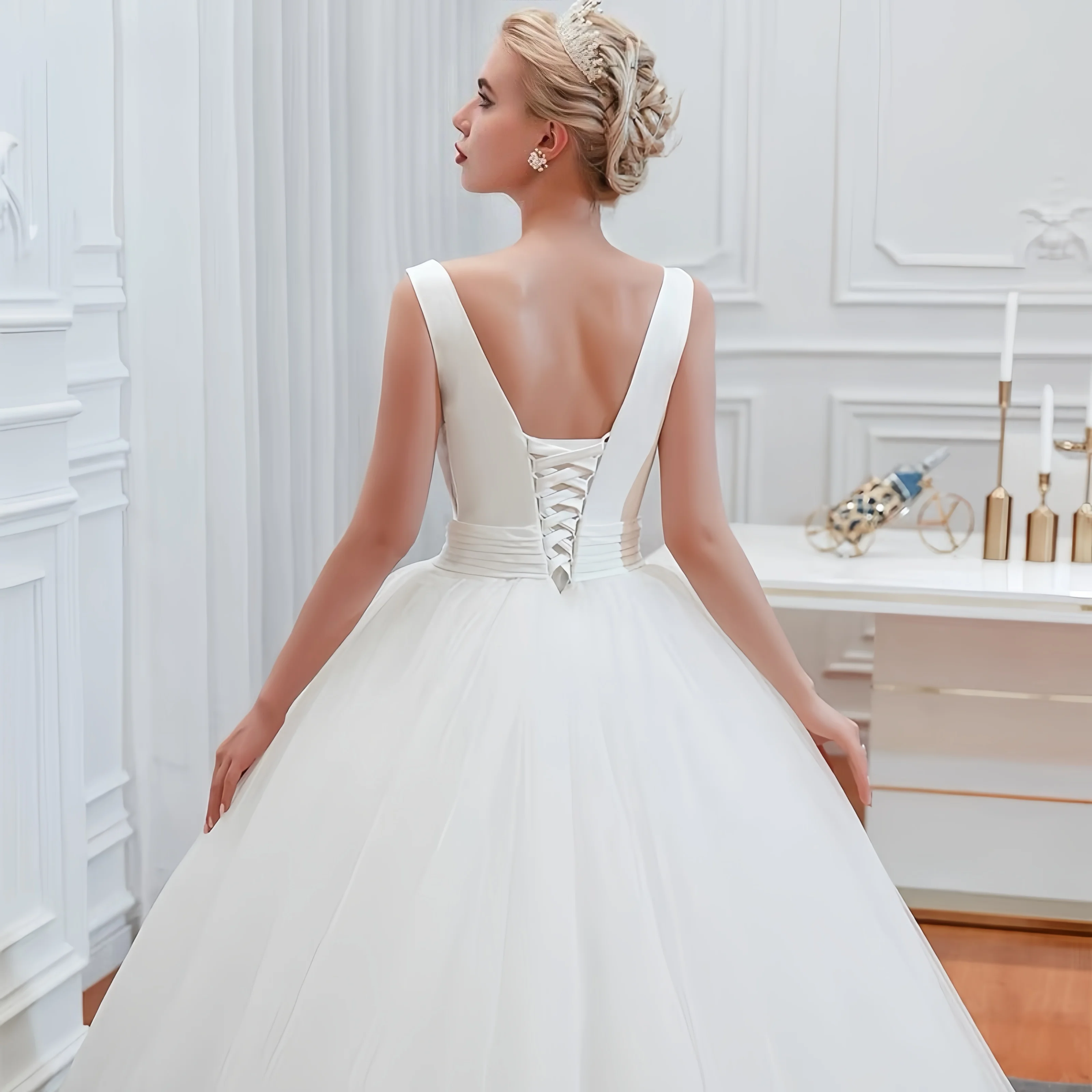 Personalizar para las mujeres con cuello en V elegantes vestidos de novia tul Organza espalda descubierta vestidos de novia