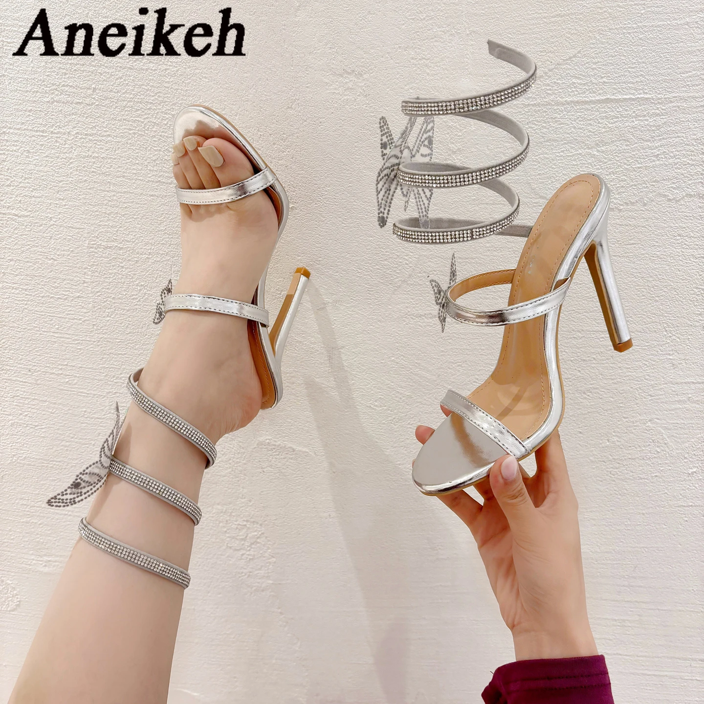 Aneikeh Summer Sexy Water Diamond Slim Heel Diamond Butterfly Fashion Sandals High Heels Women Slides Slip-On Party Pumps Shoes