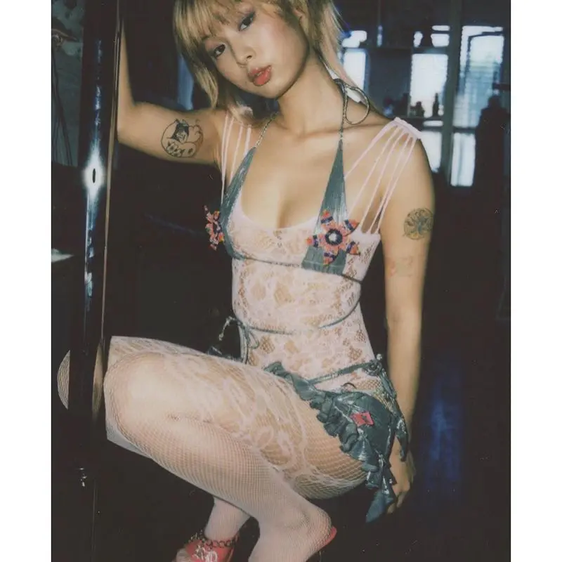 

Retro Harajuku Y2K Spicy Girl Floral Hollow out Lace Me Jumpsuit Strap Vest Underwear Base Layer High Waist Long Pants