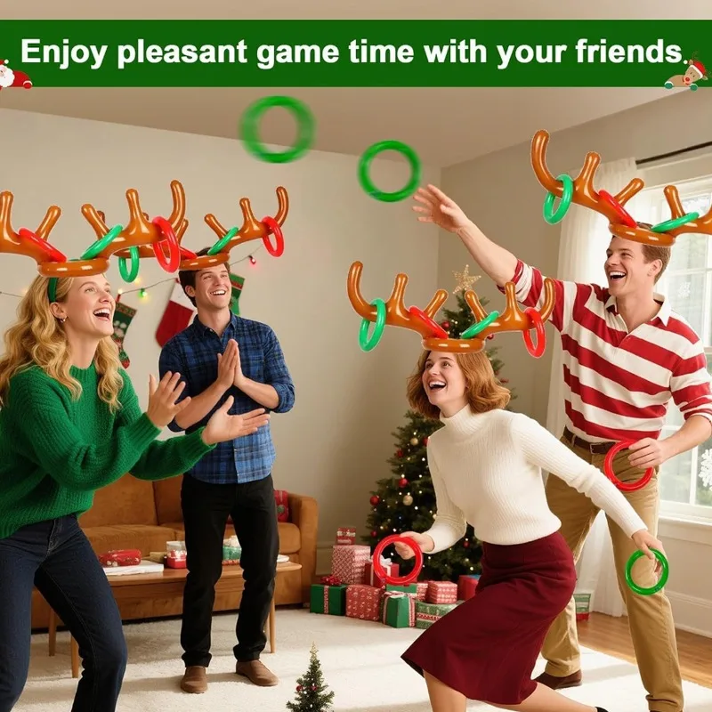 Inflatable Reindeer Antler Hat with Rings Toss Game Toy for Kids Adults Family Xmas Party Fun Multiplayer Game Decor Supplies