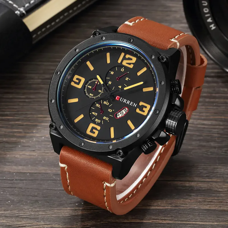 CURREN 8230 แฟชั่น Big Dial Design นาฬิกาข้อมือสําหรับชาย Casual หนังสายรัดควอตซ์ Auto วันที่นาฬิกากล่องนาฬิกาสําหรับชาย