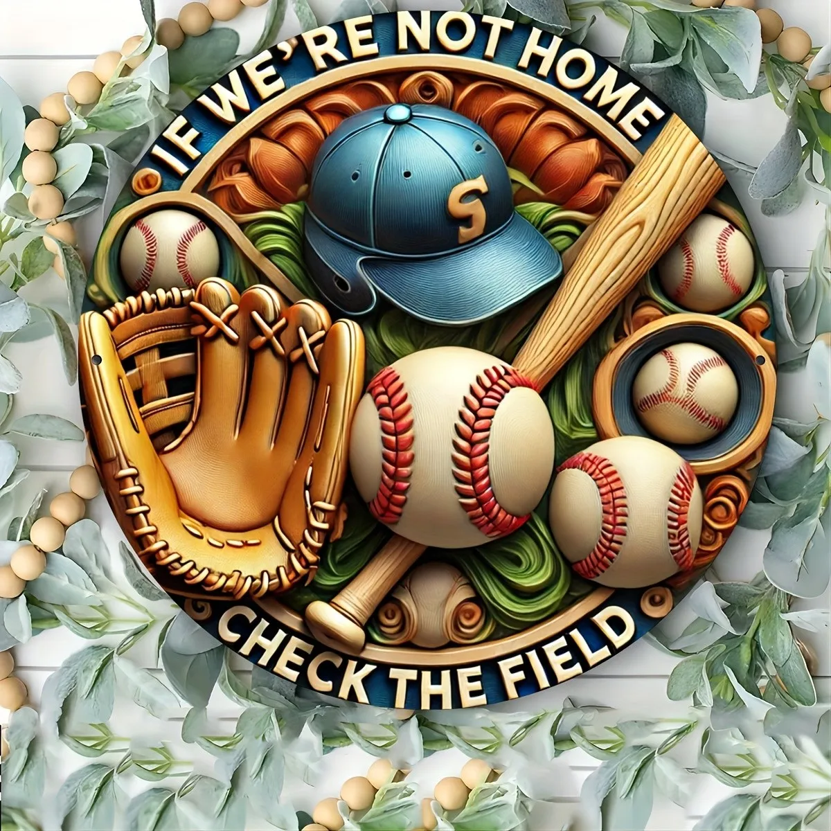 Baseball If We're Not Home Check The Field in Metal Signs Home Décor 8x8