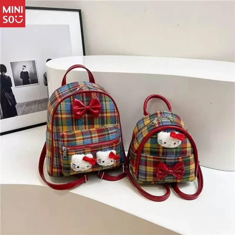 Miniso Retro Red Plaid Hello Kitty Backpack, Cute Bow Mini School Bag for Students & Girls
