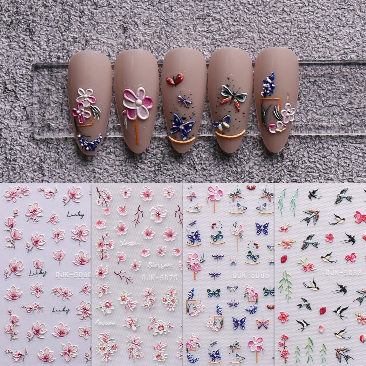 4pcs spring flower and butterfly embossed nail art stickers, small flowers, bunny design,5D art stickers, Easter，DIY, Gift,Y2K