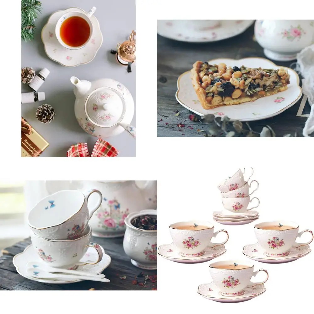 

Flower-Themed 7 Oz Porcelain Tea Set, 6-Piece with Cups, Saucers, and Spoons