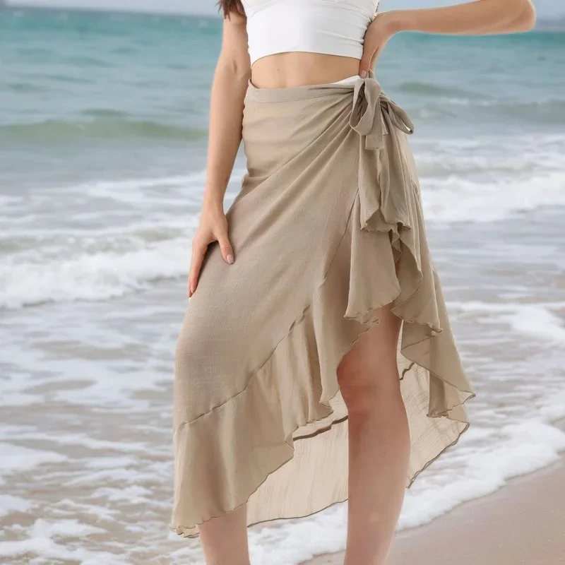 

Темпераментная повязка, пляжная накидка, женские элегантные бикини с нерегулярными оборками, повседневные праздничные прозрачные сетчатые длинные юбки