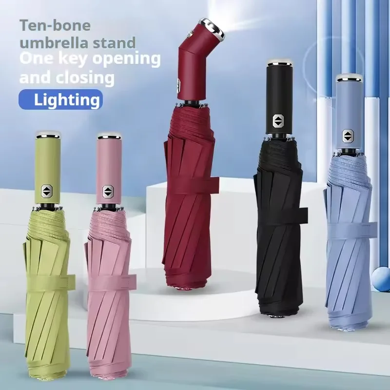 10 Bone Black Glue Fully Automatic Umbrella with Thick and Durable Keel Umbrella Waterproof Sun UV Resistant Folding Umbrella