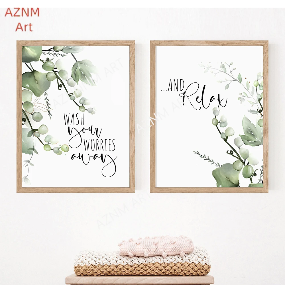 Bathroom Poster HD Print Canvas Painting Botanical Tropical Leaves Wash Your Worries Away And Relax Quote Wall Art Picture Decor