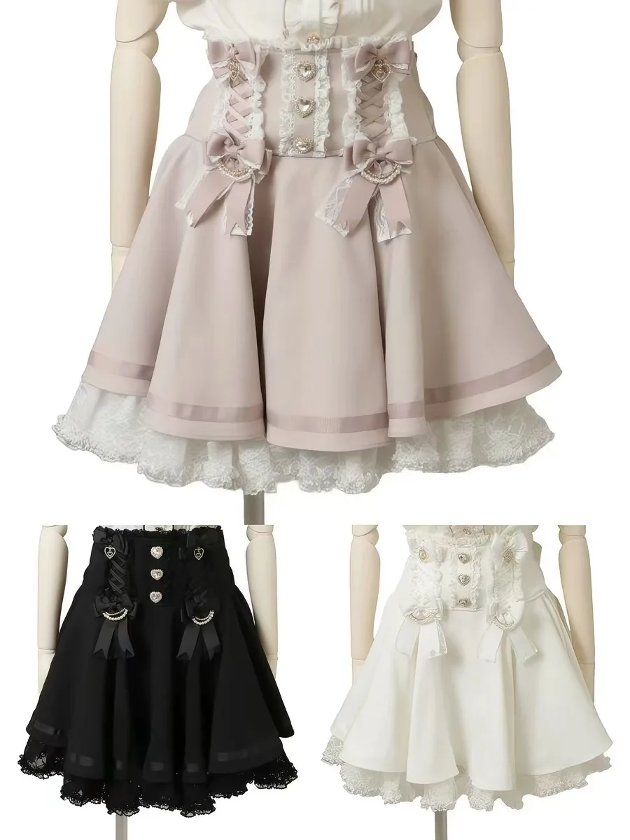 Girls Lolita Skirt Japanese Style 2026 Summer Autumn New Sweet & Cute Lace Trim Bow Detachable Short Skirts for Women