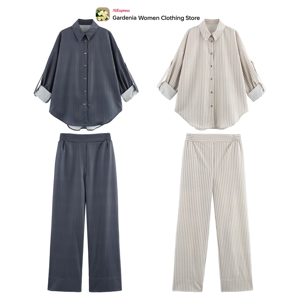 أزياء مخطط بانت مجموعات لسيدة عارضة التلبيب الياقة كم طويل قميص مخطط مع علامة تبويب زرر مطابقة مريح بنطال ذو قصة أرجل واسعة #1