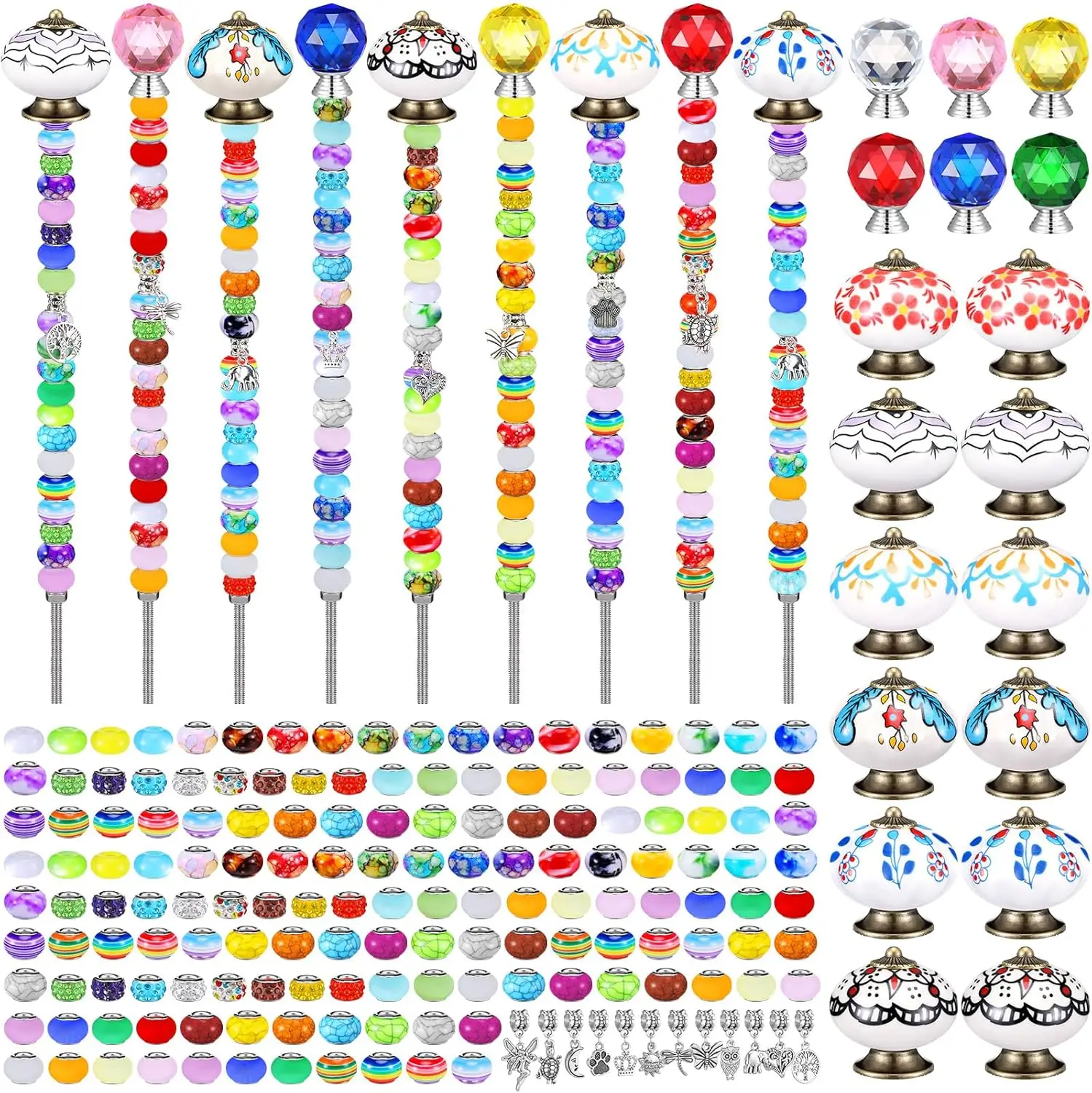 

248 Pcs DIY Fairy Wand Kit Beaded Garden Stakes with 6 Threaded Rod Nuts 6 Crystal Stopper Top 6 Ceramic Pumpkin Mushroo