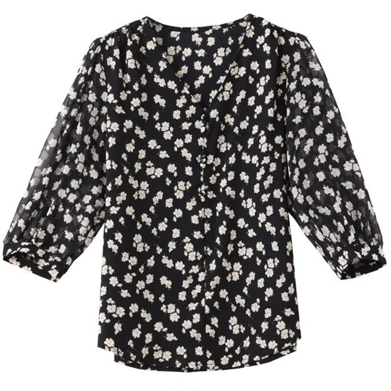 Prairie Chic Chiffon T-Shirt Women\'s Summer Fragmented Flowers Printed Three Quarter Sleeve Black Versatile Loose Pullover Tops