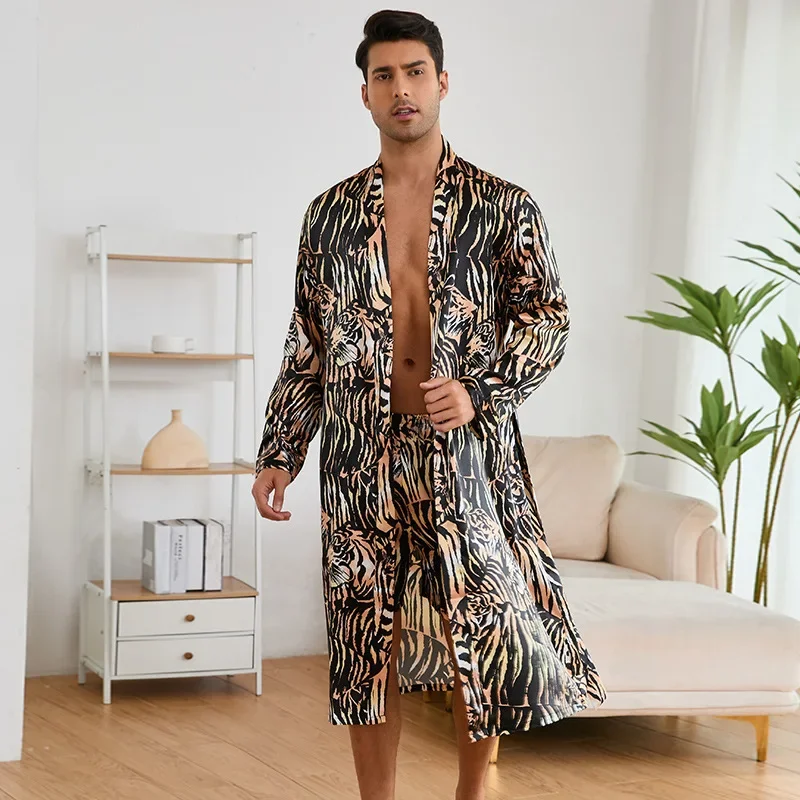 Fashion Tiger Print Loungewear 2Pcs Robe Set 2024 Autumn New Men Homewear Shorts Male Satin Nightwear Casual Home Clothes