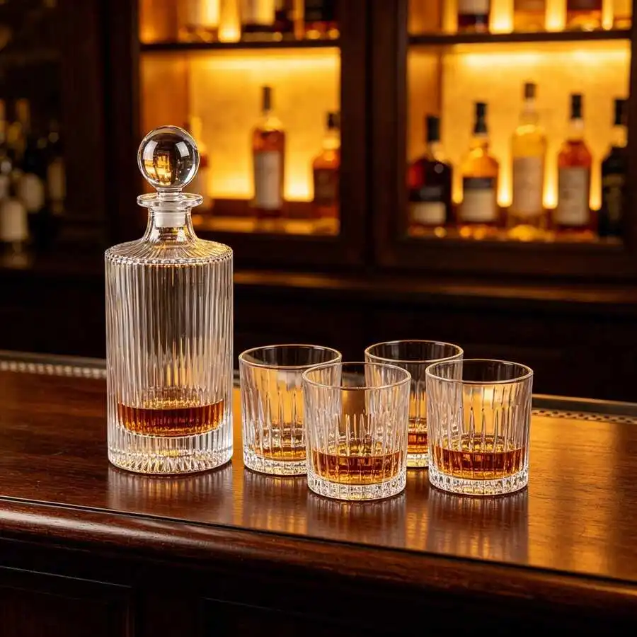 5-Piece Whiskey Decanter Set, 27 Oz Liquor Decanter With Four 10 Oz Cocktail Glasses, Elegant Barware Set For Home Bar & Enterta