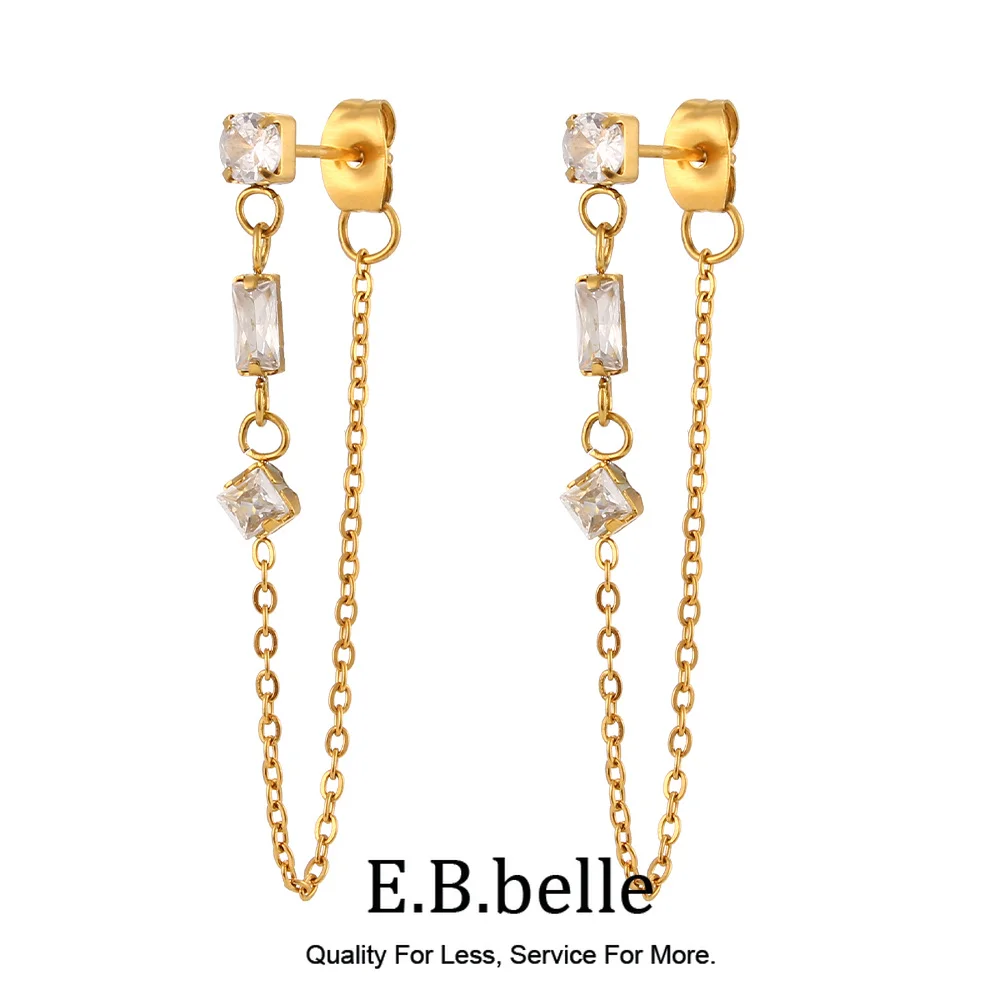 E.B.belle Micro Paved Rectangle Square Round Crystal Long Chain Drop Earring Front and Back Side Stainless Steel Earring