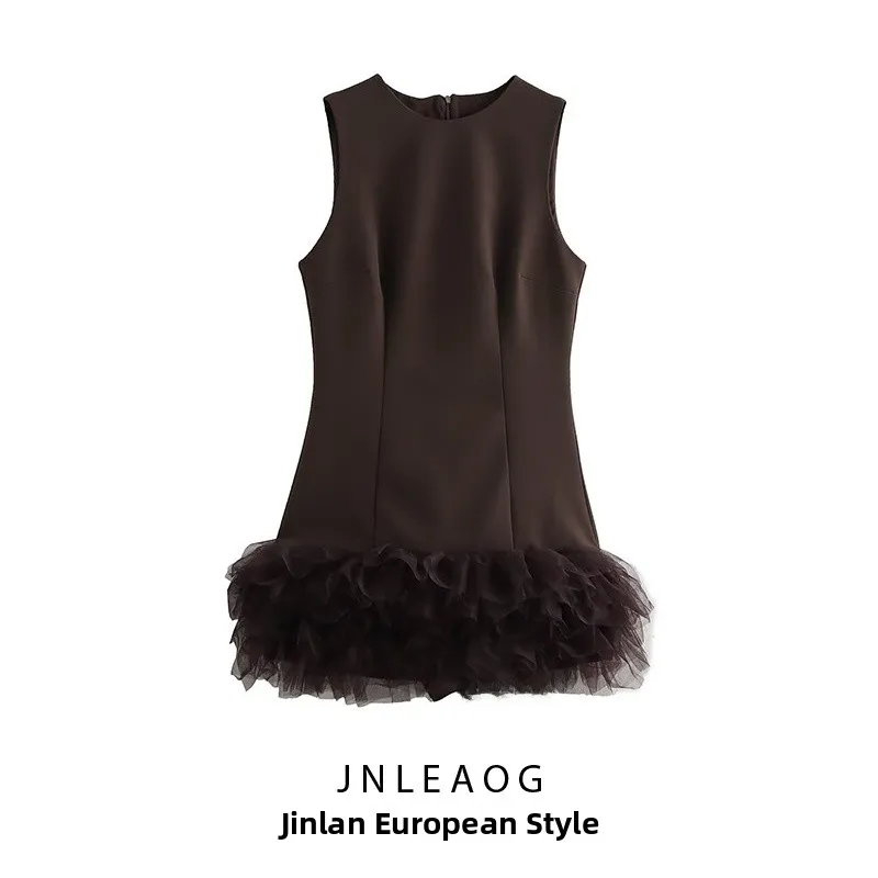 

JNLEAOG Autumn New Women's Design Sensation Silk Net Splicing Jumpsuit Style Dress European Style Polyester A-Line Skirt