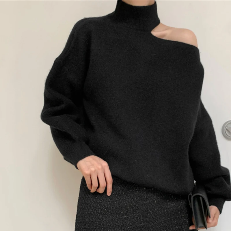 Women Hollow Out Sexy Sweater Turtleneck Long Sleeve Knitted Pullovers One Shoulder Causal Sweater For Women Autumn Winter