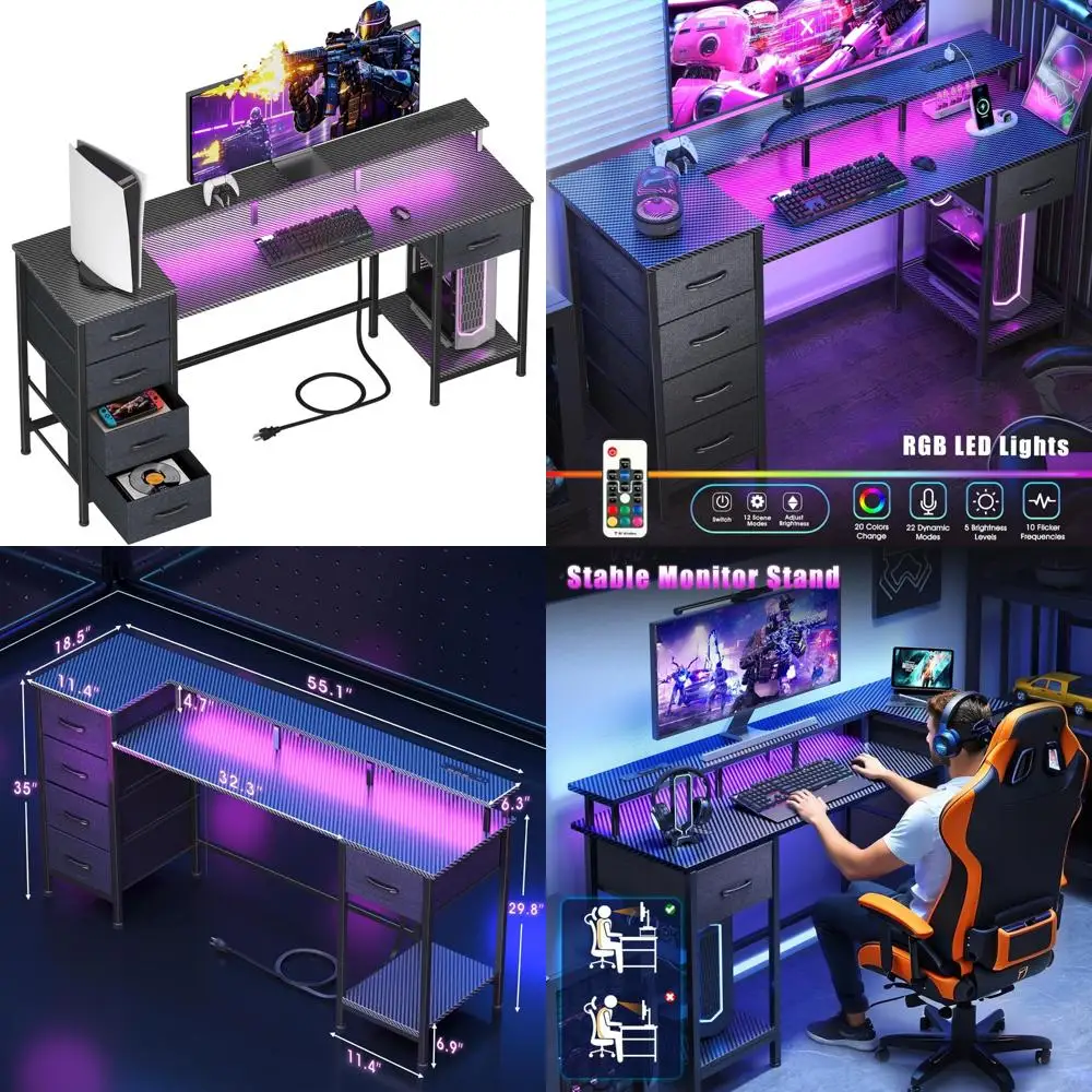 

55 Inch Gaming Desk with Power Outlets, LED Lights, Reversible Top, Adjustable Fabric Storage Drawers for Home Office Use