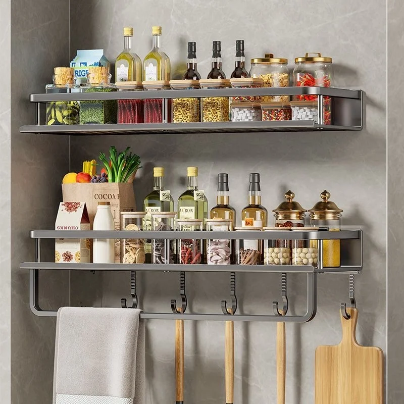 Wall Mounted Spice Rack Aluminum Hanging Spice Jar Holder for Kitchen Storage Rack Kitchen Wall Shelf Seasoning Spice Organizer