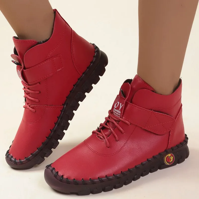 2024 New Winter Flat Boots Female Leather Hundred High Shoes Soft Bottom Cotton Boots Mother Snow  Botas De Invierno Para Mujer