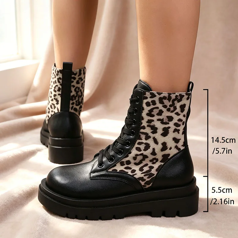 Leopard Print Black Platform Ankle Boots Women 2026 Autumn Pu Leather Thick Sole Short Boots Woman Lace Up Motorcycle Shoes
