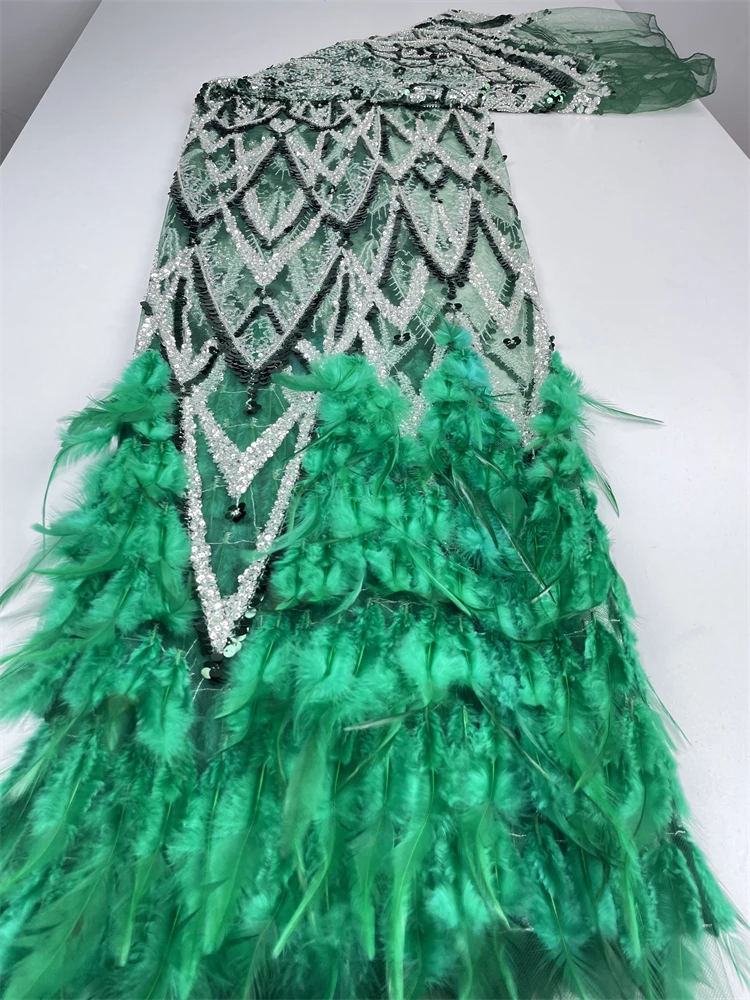 

2025 5 Yards Luxurious 3D Feather African Groom Sequins Lace Fabric High Quality French Embroidery Beads Lace Nigerian Sewing