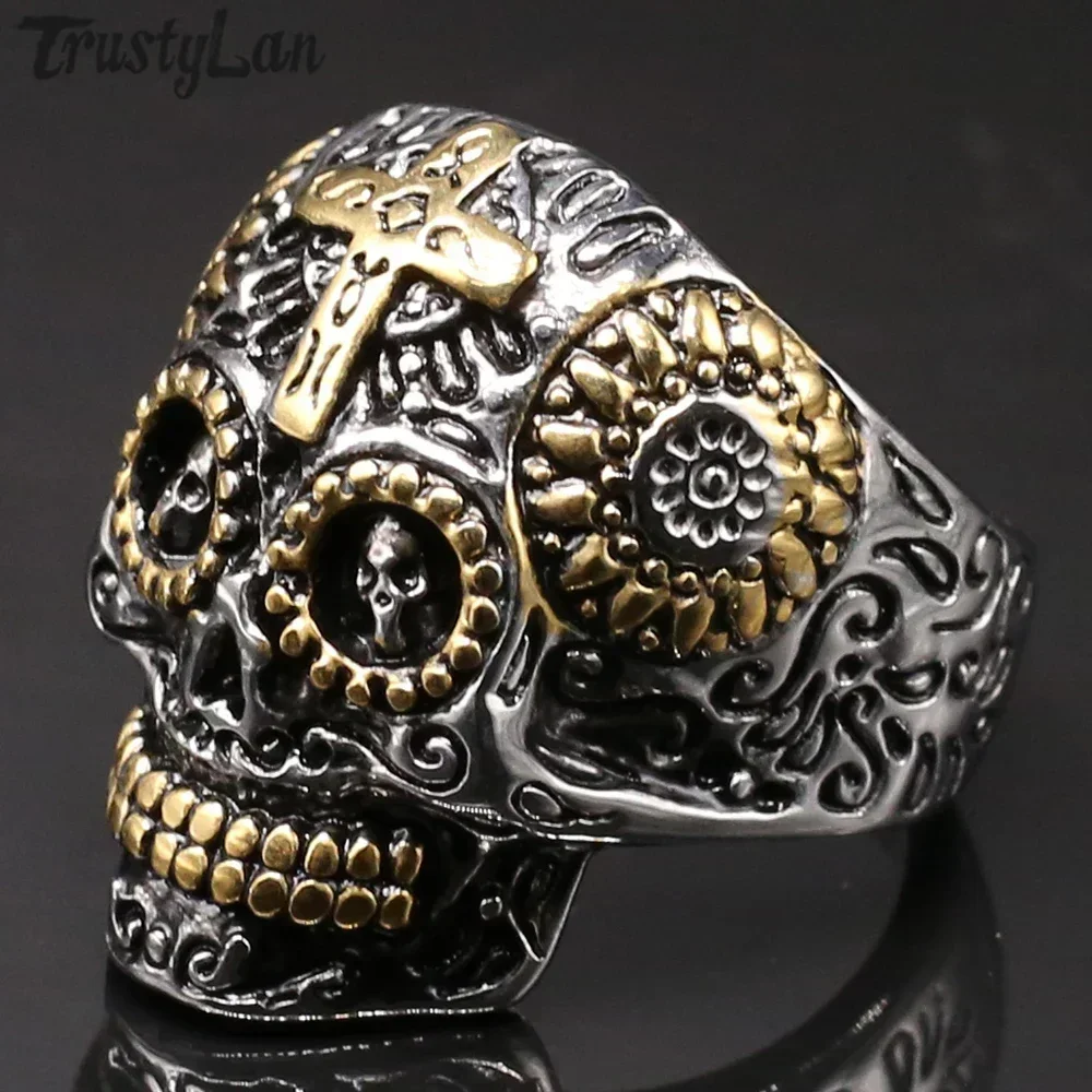 Punk Rock Gold Farbe Edelstahl Premium Schädel Biker Ring Männer Große Größe 9-13 Kreuz Schmuck