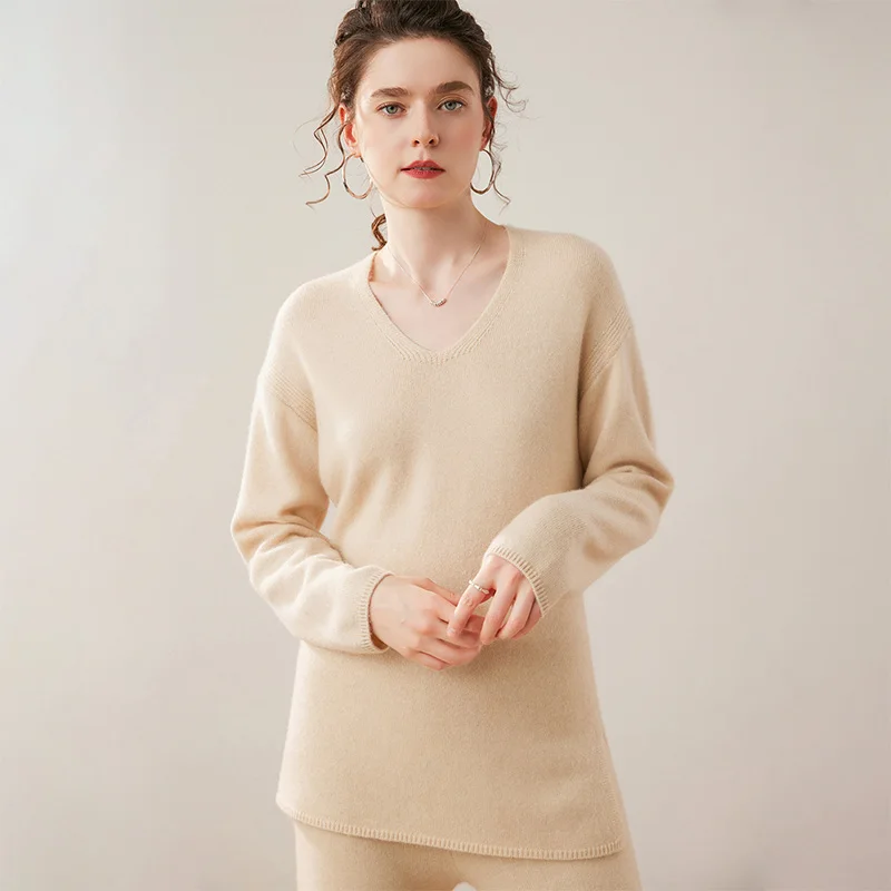 

V-neck 100% Cashmere Pullover Sweater New Autumn Winter Women's Soild Slim Soft High-end Warm Mid-length Knitted Long Sleeve Top