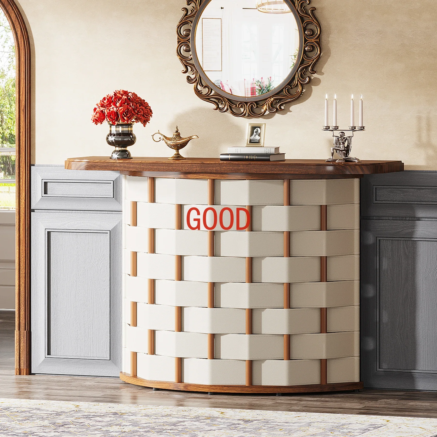 Tribesigns Mesa de entrada meia lua para entrada, mesa de sofá console semi-círculo vintage de 47 polegadas com base de couro tecido