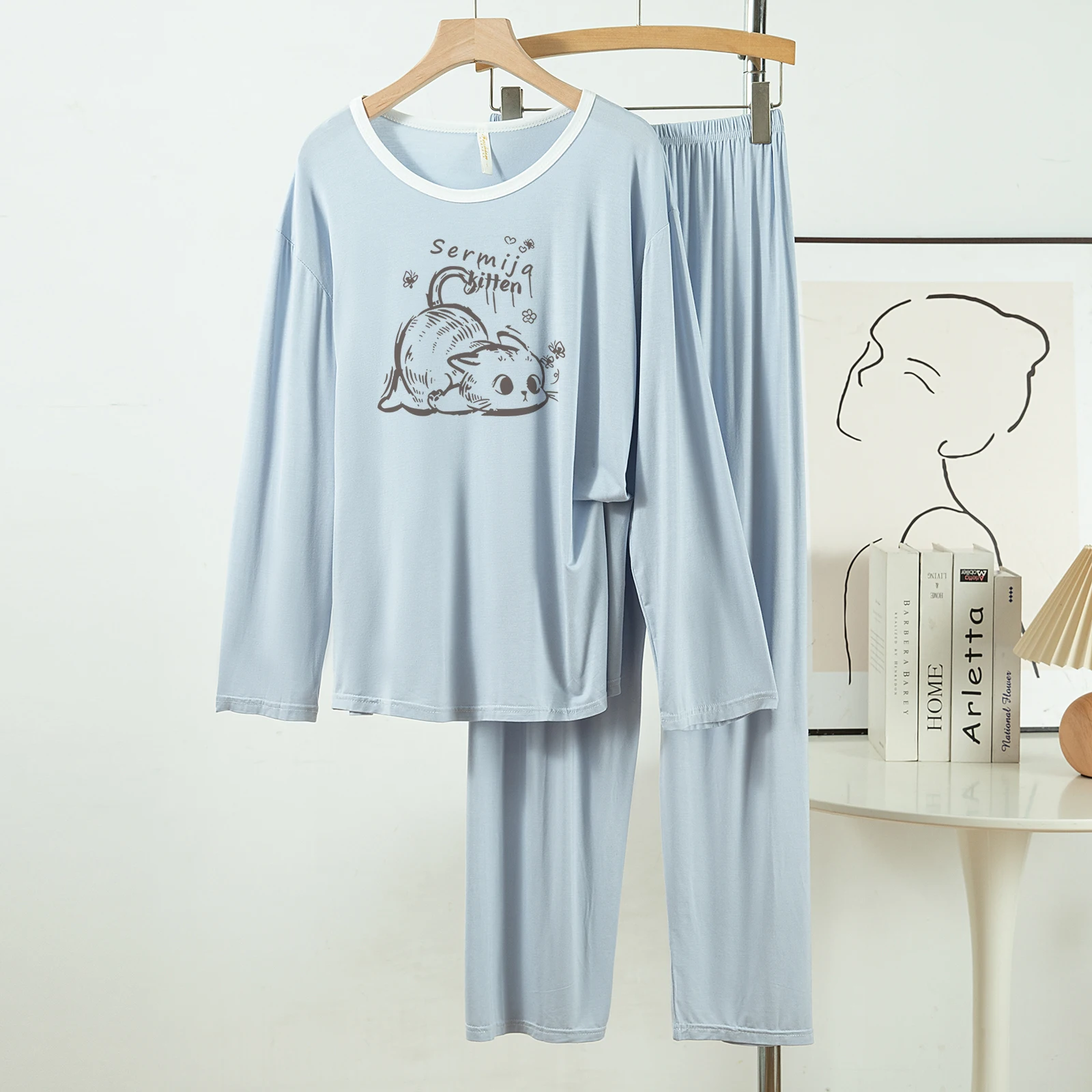 

5178 52 New Casual and Lazy Style Modal Round Neck Pajamas for Women, Spring and Autumn Long-Sleeved Long Pants Two-Piece Home Wear Set