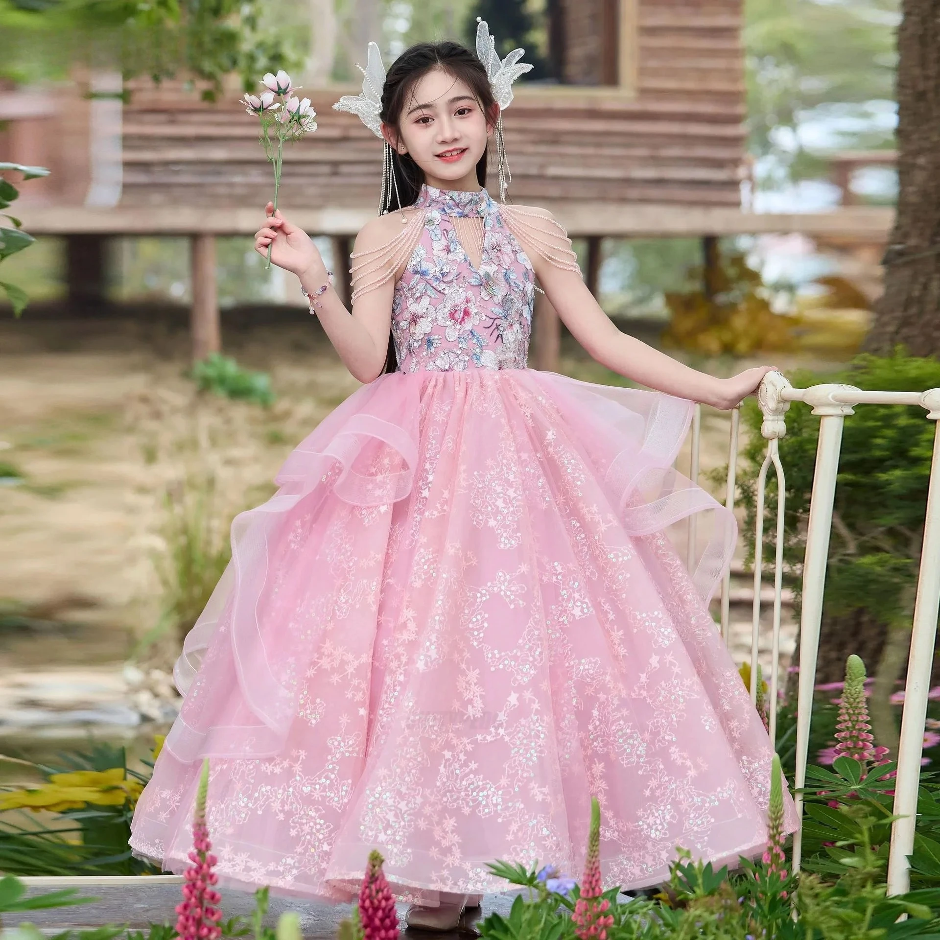 يتوهم فستان طويل تول الأميرة للمراهقات الفتيات الزهور جديد الرسن الكشكشة فستان طويل للحفلات لحفلات الزفاف عيد ميلاد فساتين رسمية #3