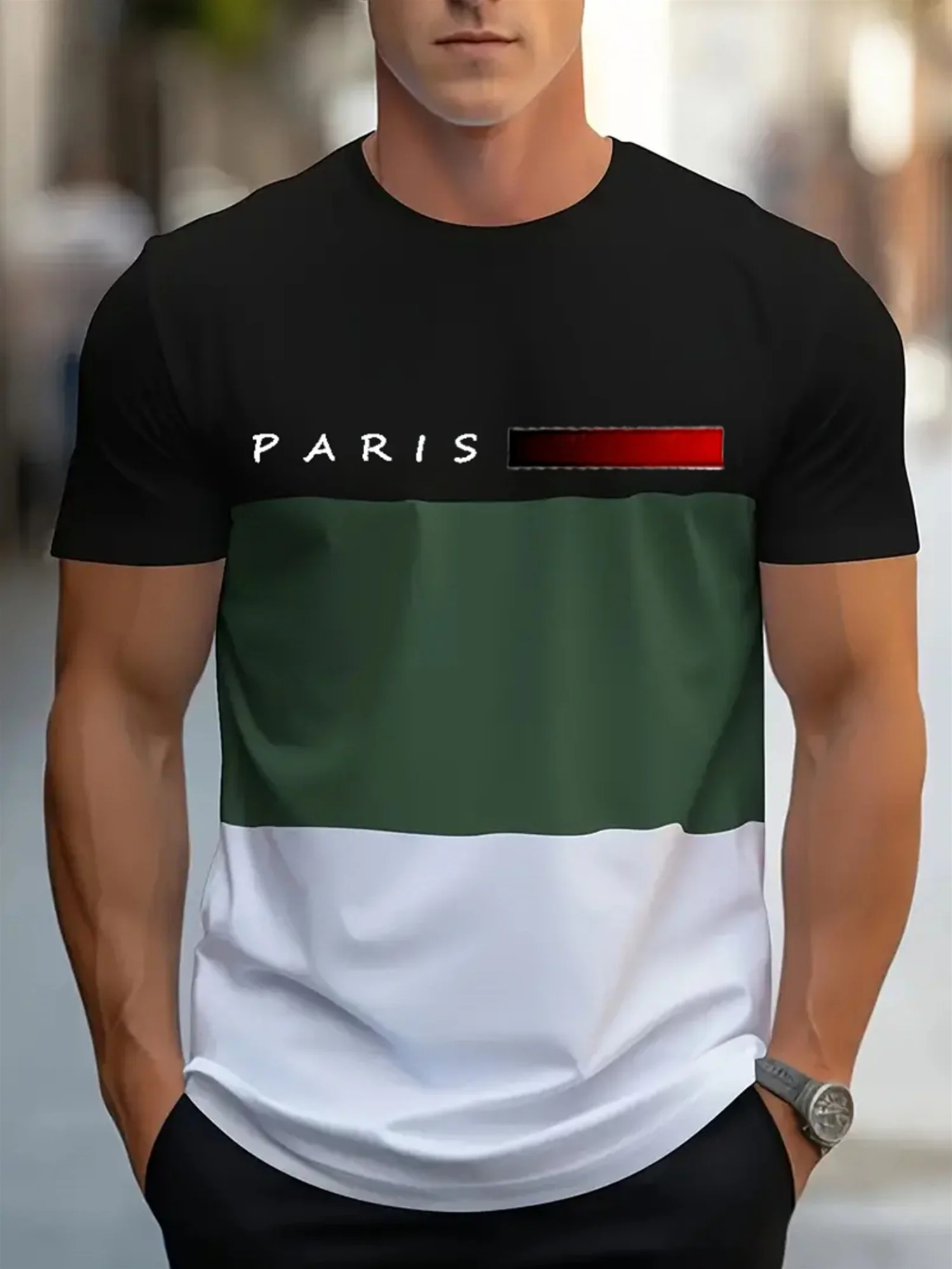 3D Print Color Block T Shirt Men Black Grey White Splicing Crew Neck Short Sleeve Fashion Casual Street Tees