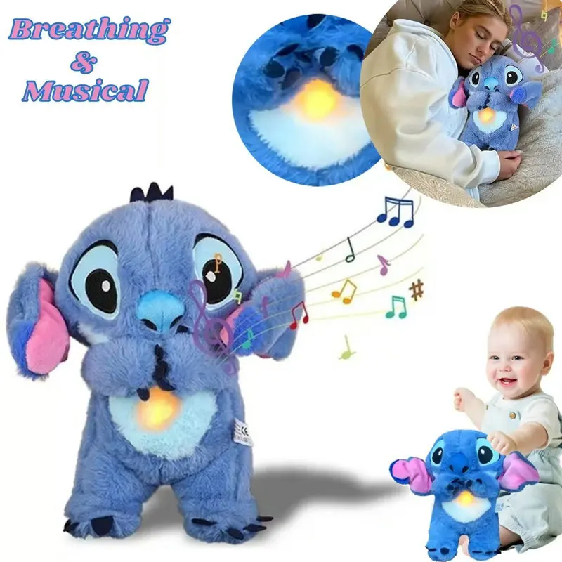 Disney Stitch Plush Doll Baby Sleeping Companion Sound Soothing Musical Kawaii With Air Bag and Light Doll Breathing Toys Gifts