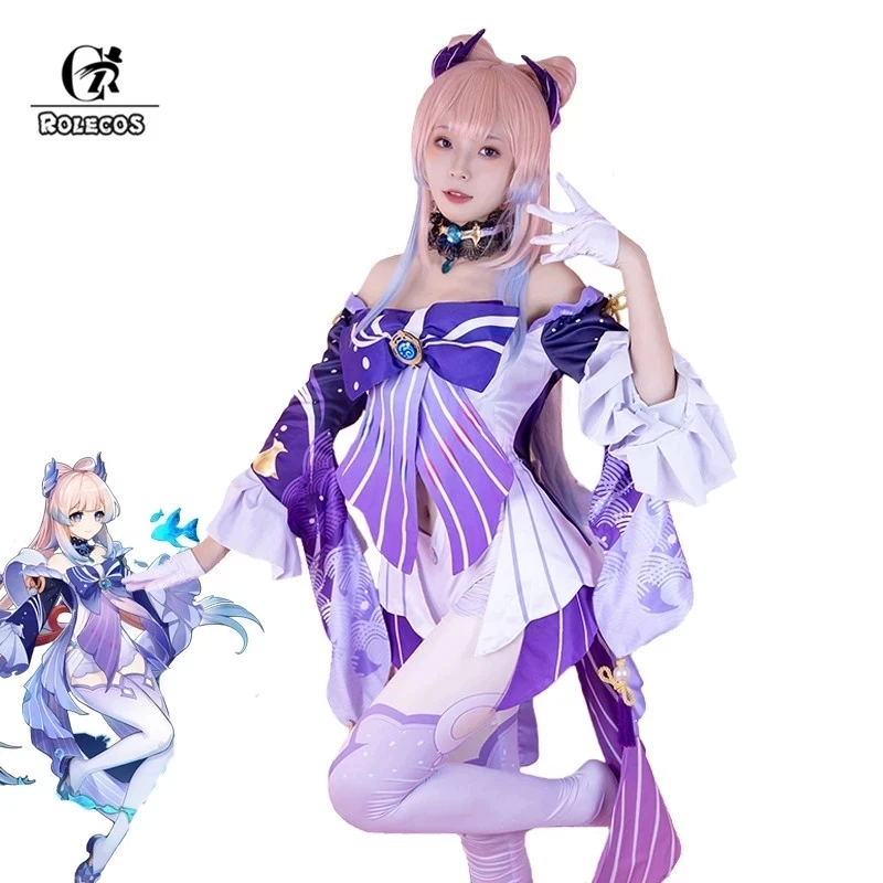 ROLECOS Genshin Impact Kokomi Cosplay Costume Sangonomiya Kokomi Cosplay Costume Women Dress Halloween Full Set with Headwear