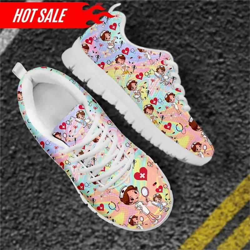 Kawaii Nurse Girls Rainbow Gradient Print Women's Nurse Shoes Healthcare Design Casual Flats Ladies Light Footwear