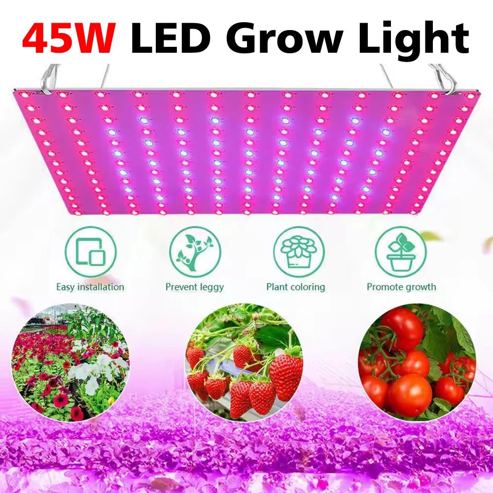 Luz LED de cultivo de plantas de 45W, lámpara Phyto de espectro completo, lámpara de cultivo hidropónico, luz de crecimiento de tablero cuántico para invernadero interior, EE. UU., UE